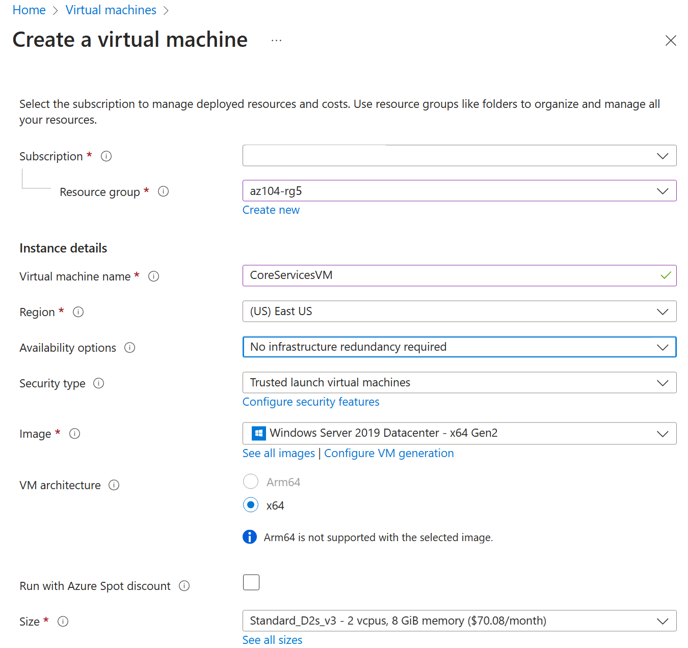 Screenshot of Basic virtual machine creation page. 