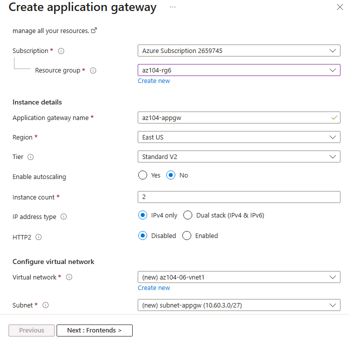Screenshot of the create app gateway page.