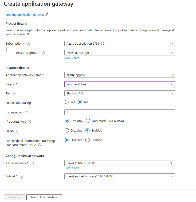 Screenshot of the create app gateway page.