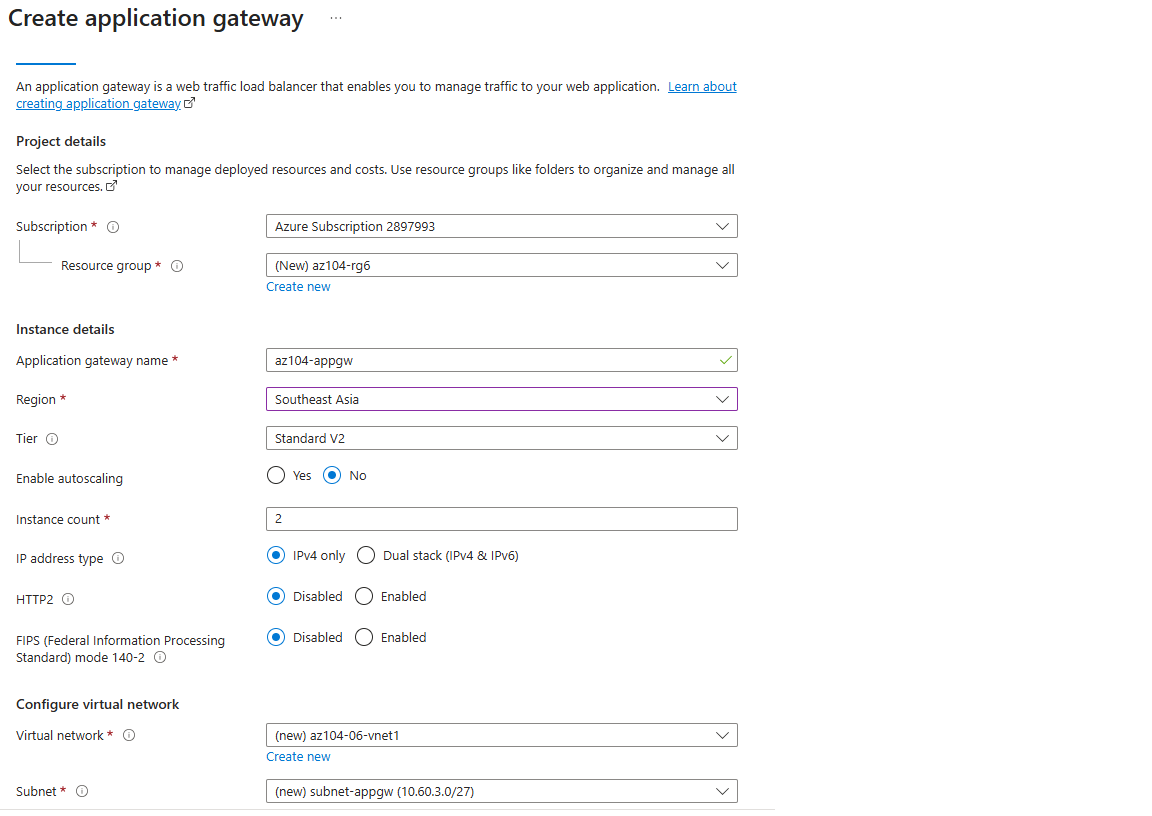 Screenshot of the create app gateway page.