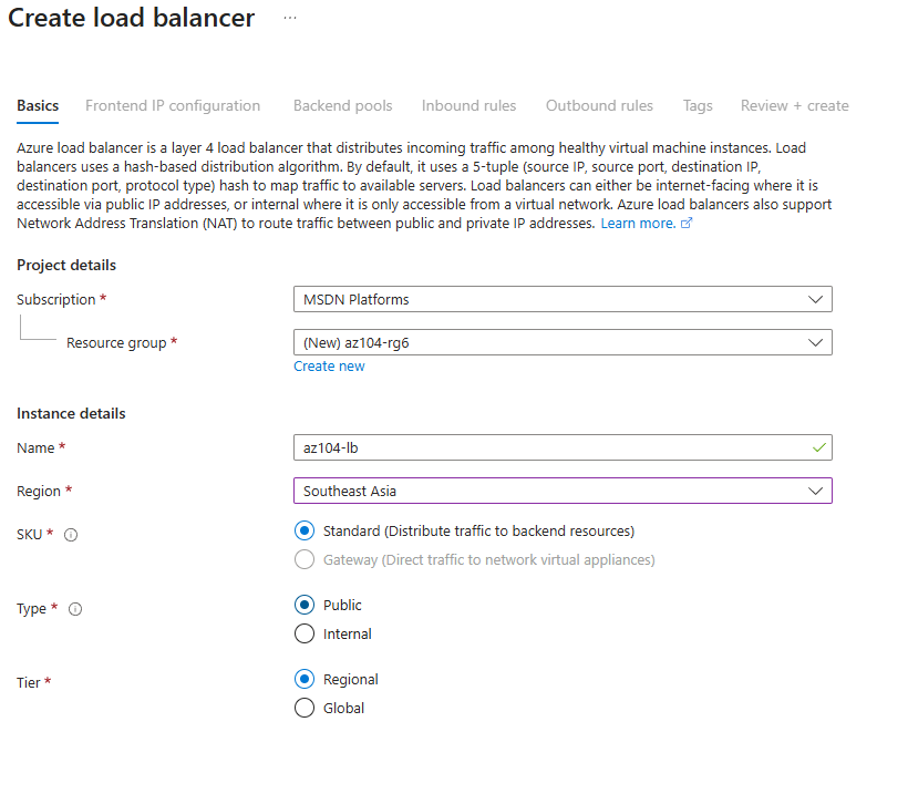 Screenshot of the create load balancer page.