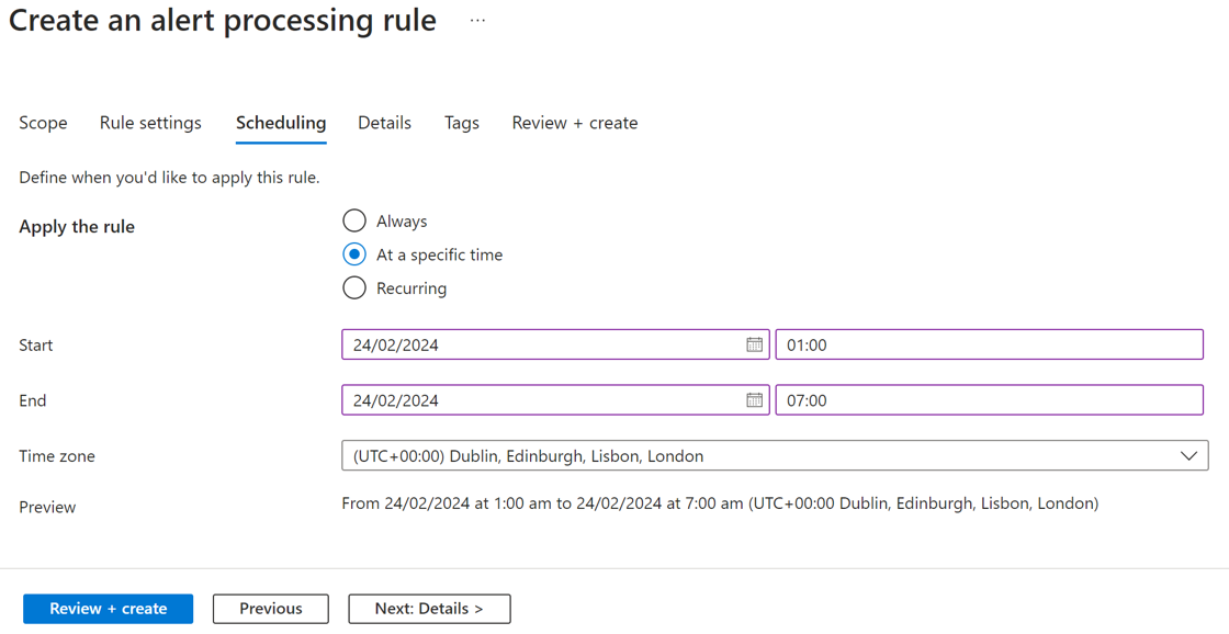 Screenshot of the scheduling section of an alert processing rule