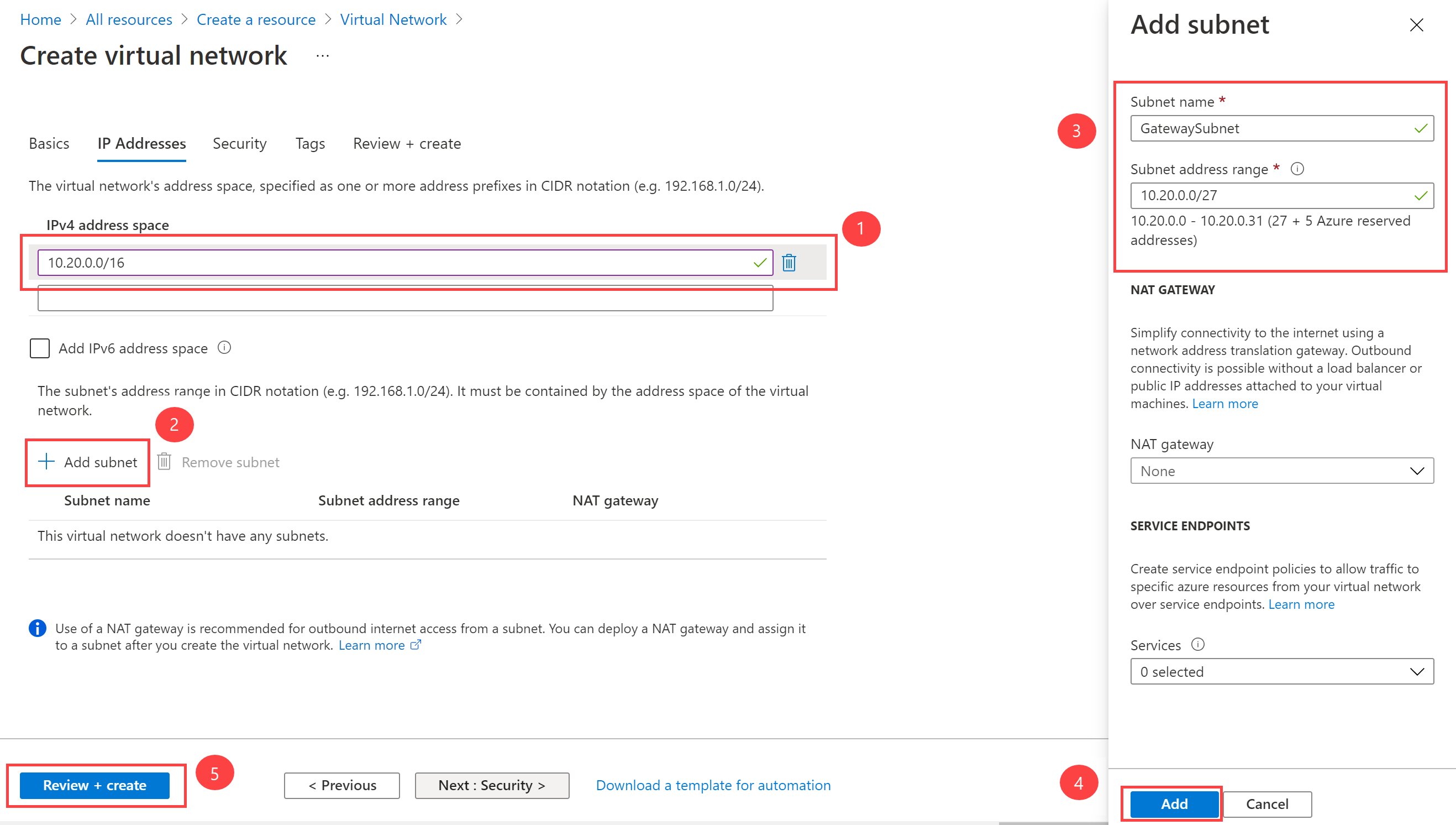 Azure portal - add gateway subnet