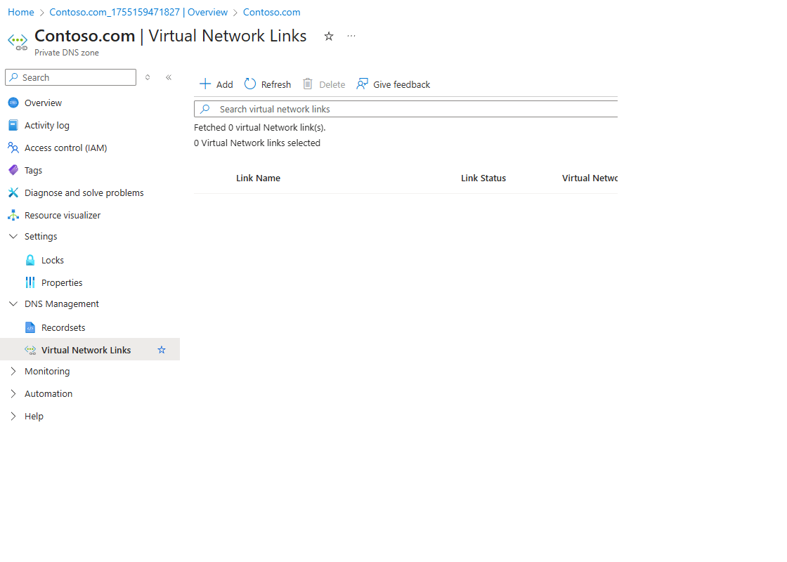contoso.com | Virtual links with + Add highlighted.