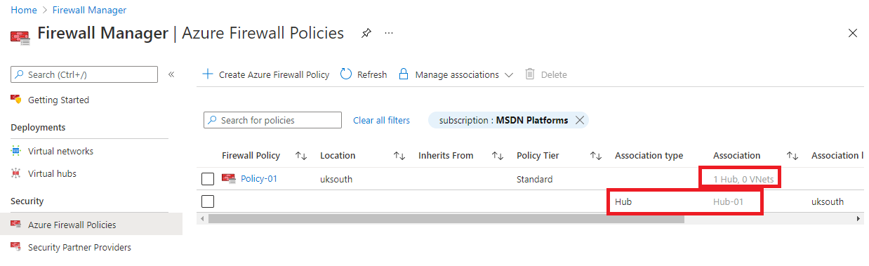 Show associated firewall policy on hub