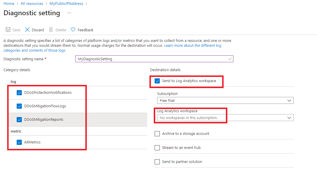 Configure new Diagnostic settings for DDoS