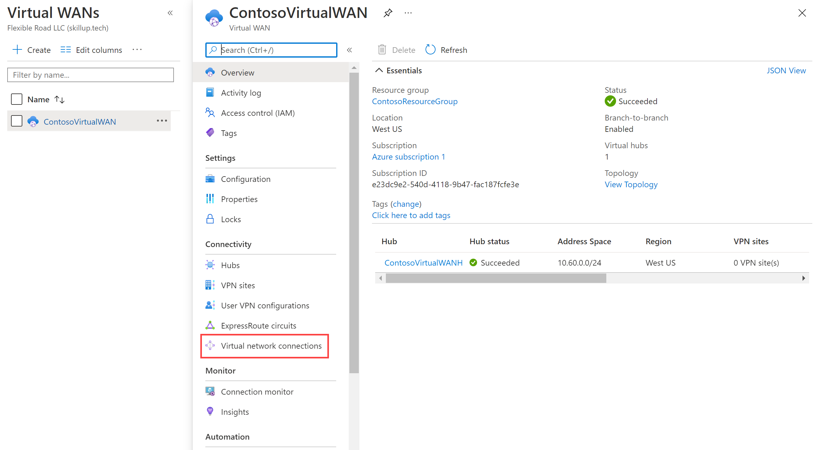 Virtual WAN configuration page with Virtual network connections highlighted.