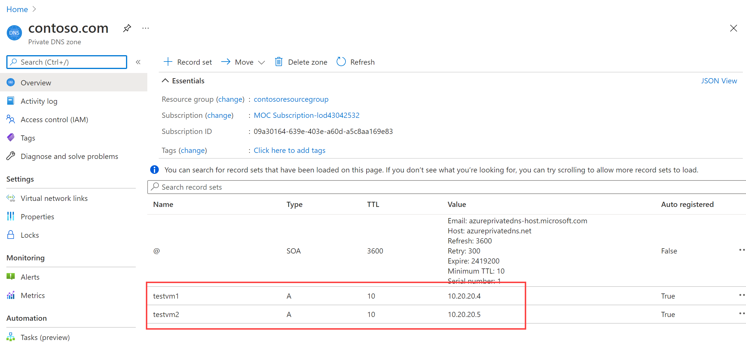 Contoso.com DNS zone showing auto-registered host A records.