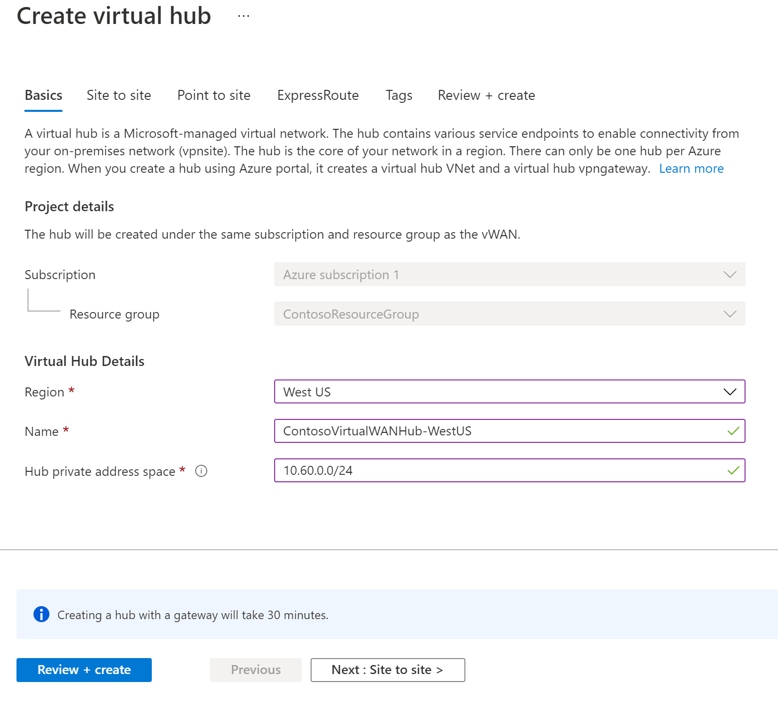 Create Virtual Hub, Basics tab.