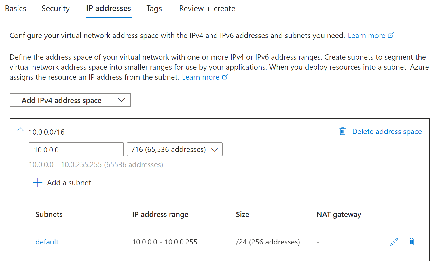 ip address configuration for azure virtual network deployment 