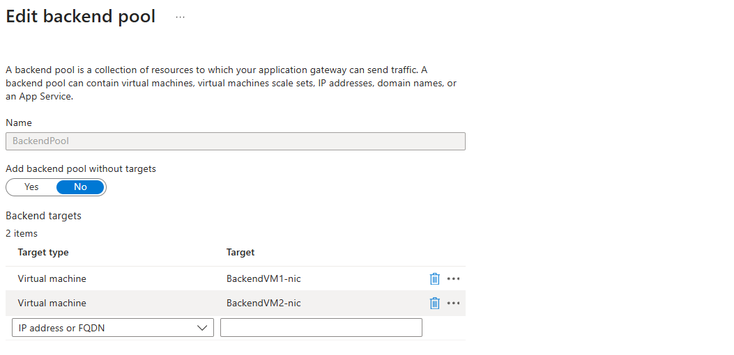 Azure Portal add target backends to backend pool