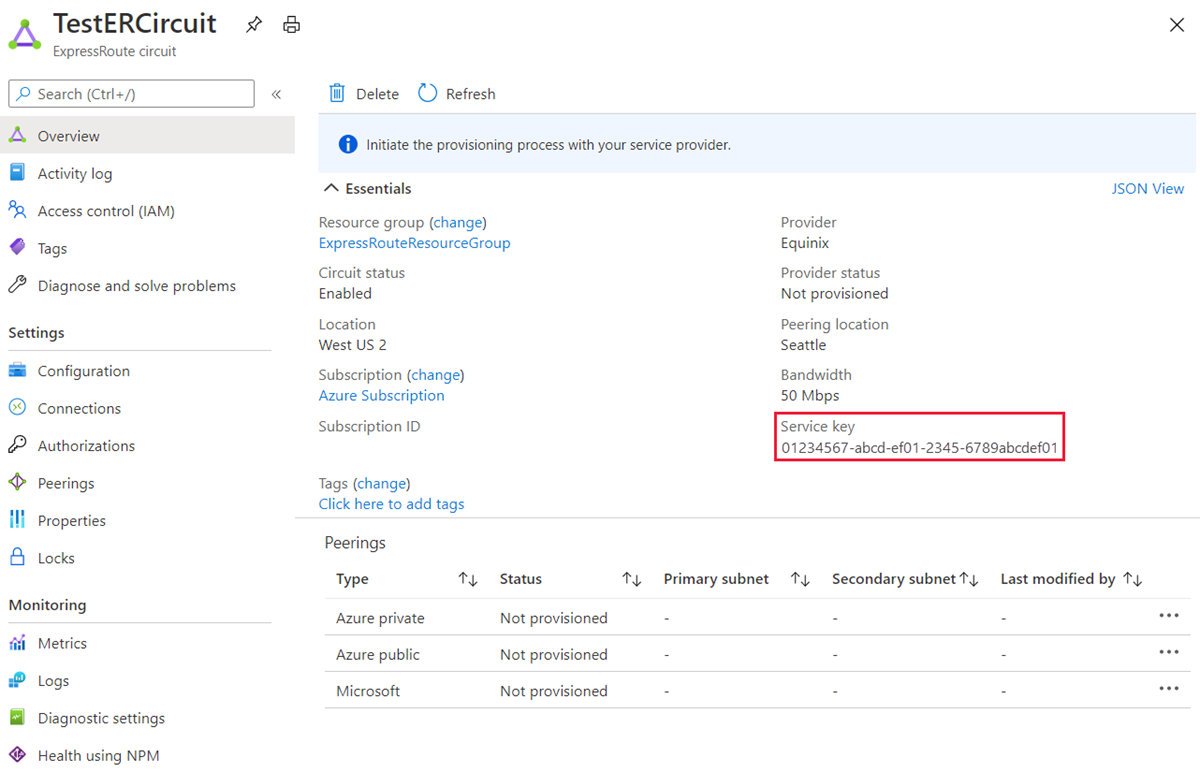 Azure portal - ExpressRoute Circuit properties showing service key