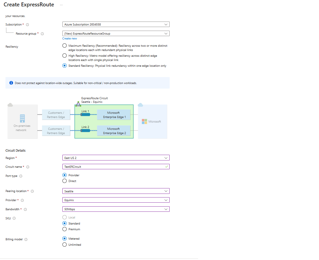 Azure portal - Create ExpressRoute configuration tab