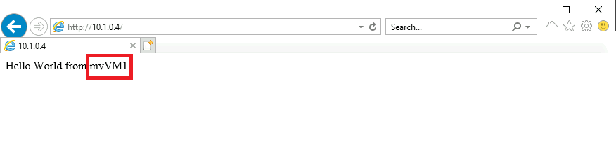 Browser window showing Hello World response from VM1