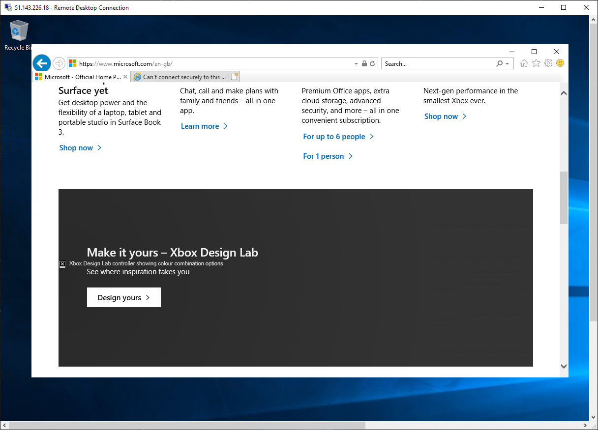 RDP session browsing microsoft.com
