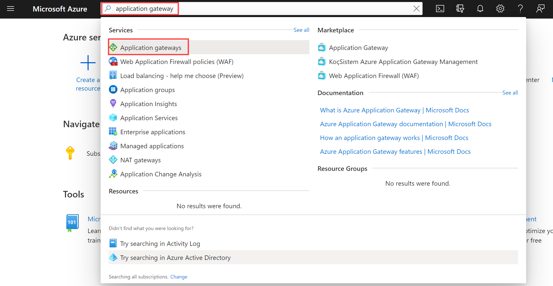 Azure Portal search for application gateway