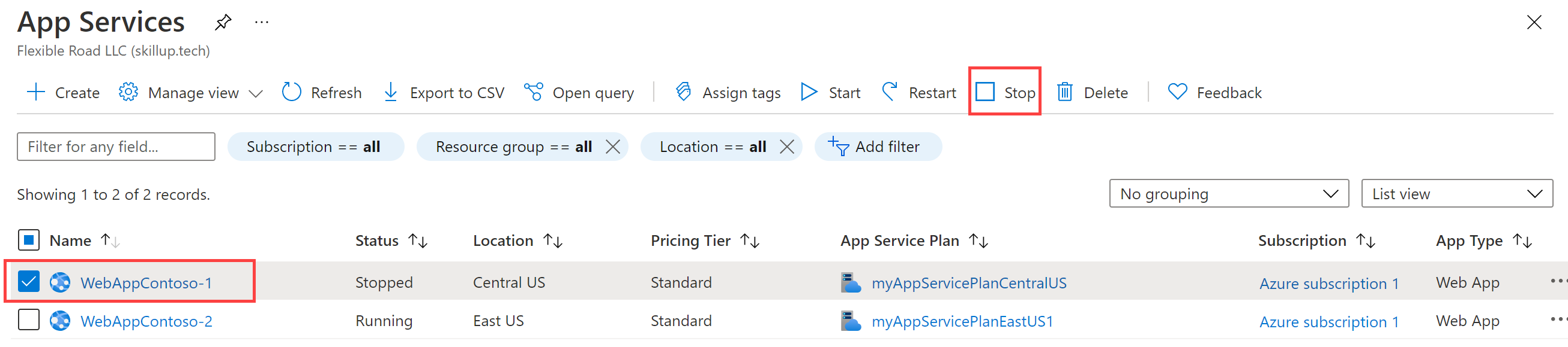 Azure Portal showing stopped Web App