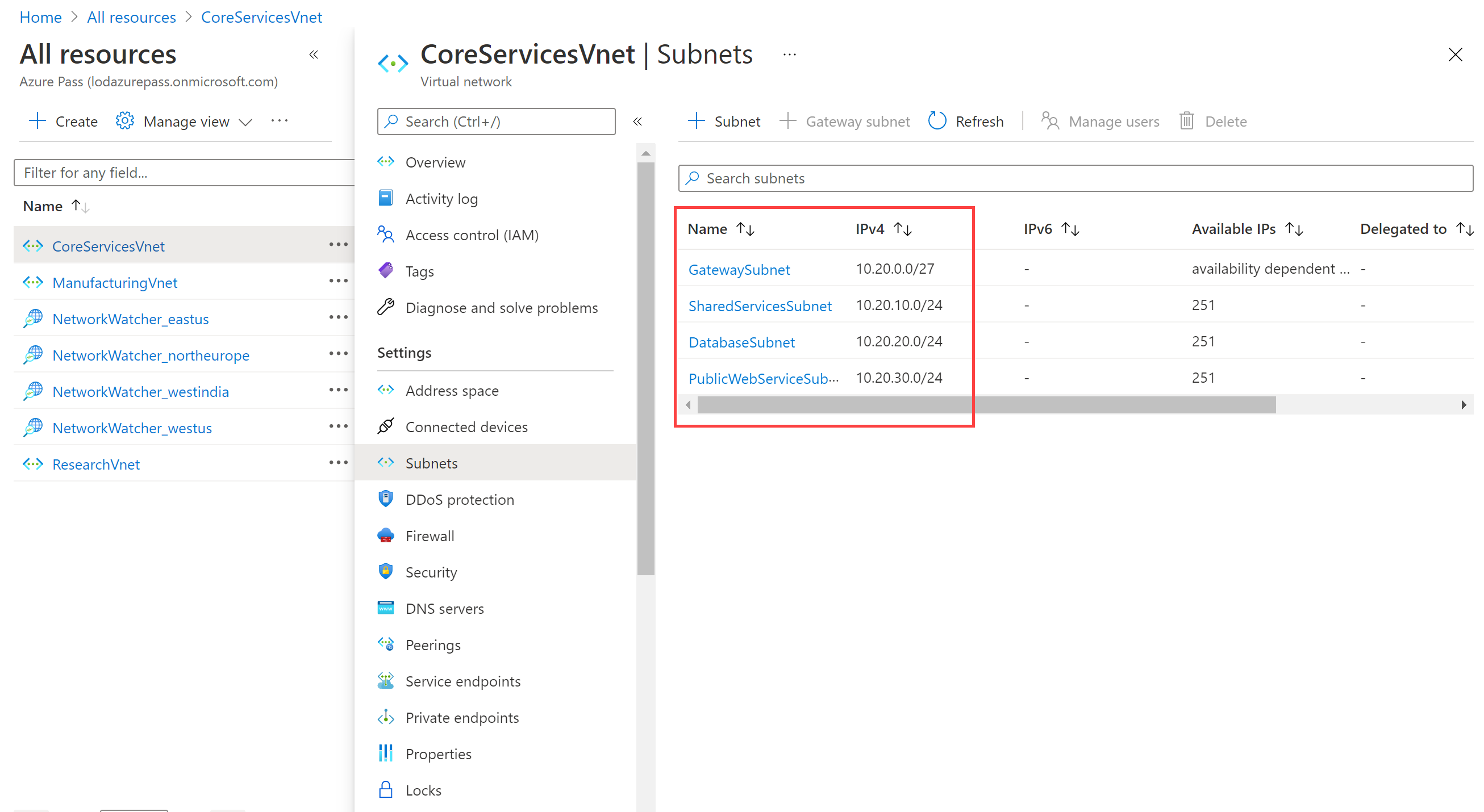 List of subnets in CoreServicesVnet.