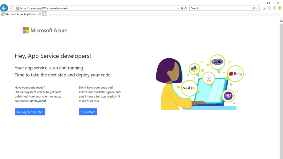 screen shot of page in Azure indicating an app service is up and running
